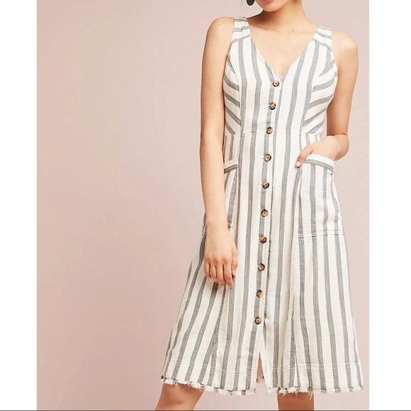 Anthropologie Dresses & Skirts - Maeve White and Gray Striped Button-Front Midi Dress